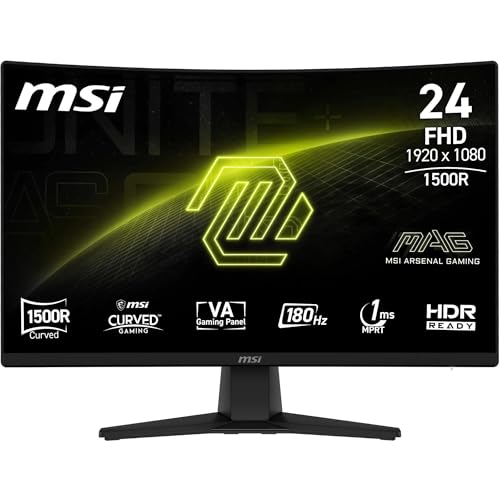 MSI mag 242CA Monitor Gaming de 24" FHD 1500R, 1920 x 1080 VA, 180 Hz, 1 ms, Compatible con HDR, protección Ocular, HDMI 2.0b, DP 1.2a, sin Marco, inclinación Ajustable, Montaje Vesa, Negro