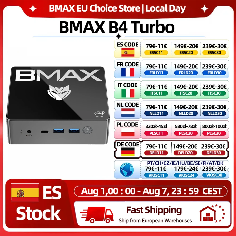 Mini PC BMAX B4 Turbo con Intel de 13ª generación N150, 16GB DDR4, 512GB SSD, Windows 11, HDMI, Tipo-C, Bluetooth y USB.