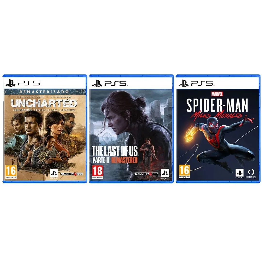 PACK UNCHARTED LEGADO+TLOU II RMST+SPIDERMAN MORAL PS5