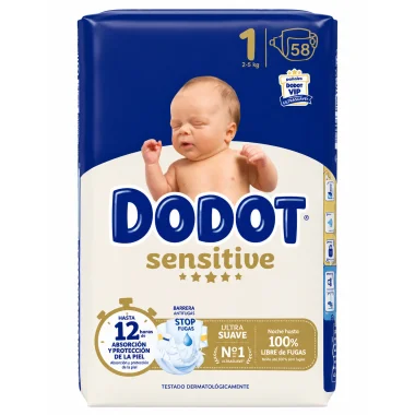 Pañales Dodot Sensitive Talla 1 (2-5 kg) 58 Unidades – Suavidad Extrema + Barrera Stop Fugas