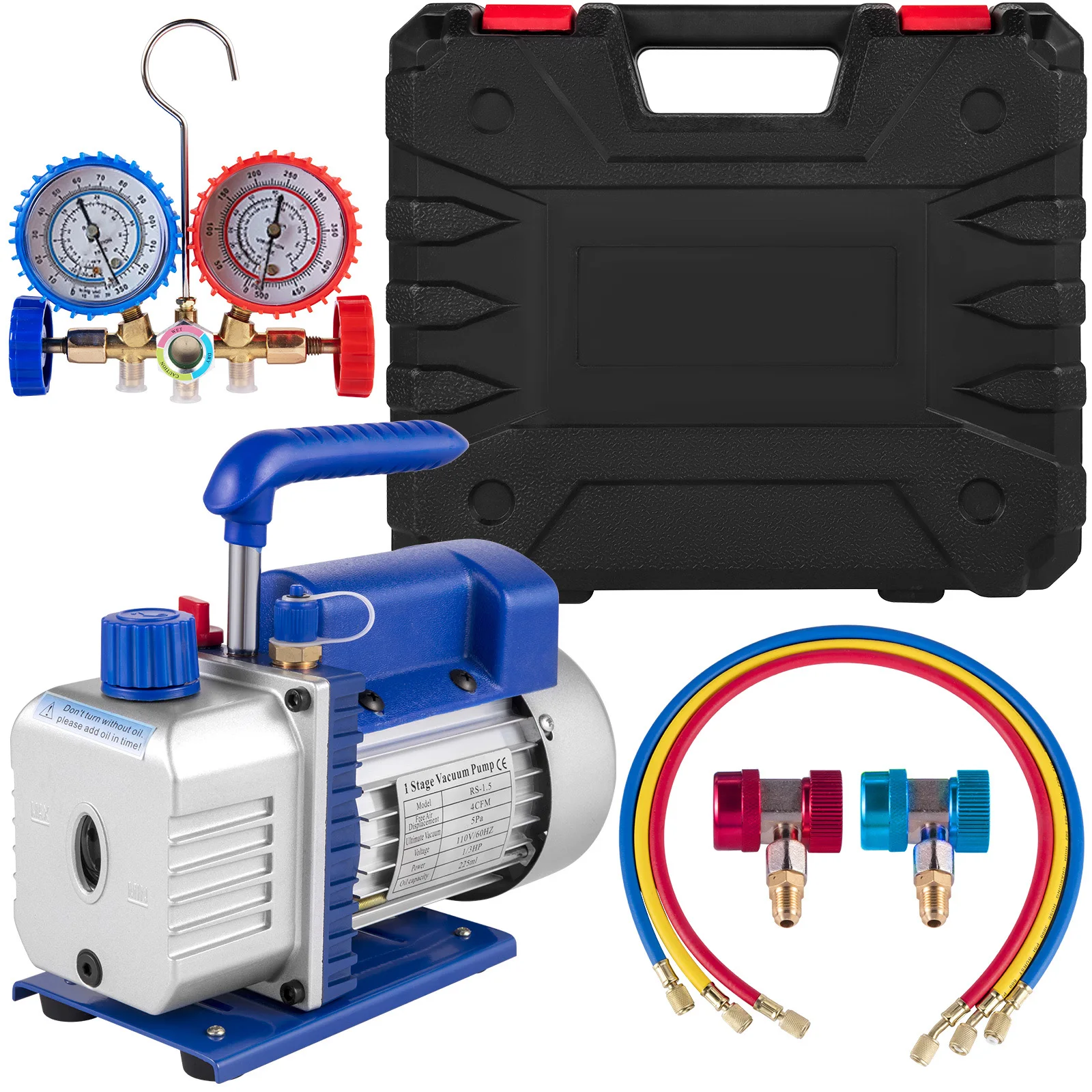 SucceBuy bomba de vacío 4CFM 1/4HP HVAC A/C refrigerante de aire bomba de vacío de paletas rotativas 1 etapa 1 válvula AC colector calibre R134a Set