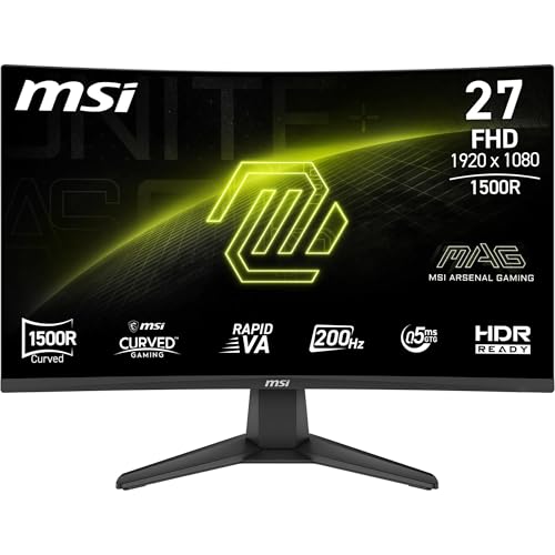 MSI mag 276CFA E20 Monitor Gaming de 27" FHD 1500R, 1920 x 1080 Rapid VA, 200 Hz, 0,5 ms, Compatible con HDR, AMD FreeSync Premium, Eye-Care, visión AI, HDMI 2.0b, DP 1.2a, Frameless, Negro