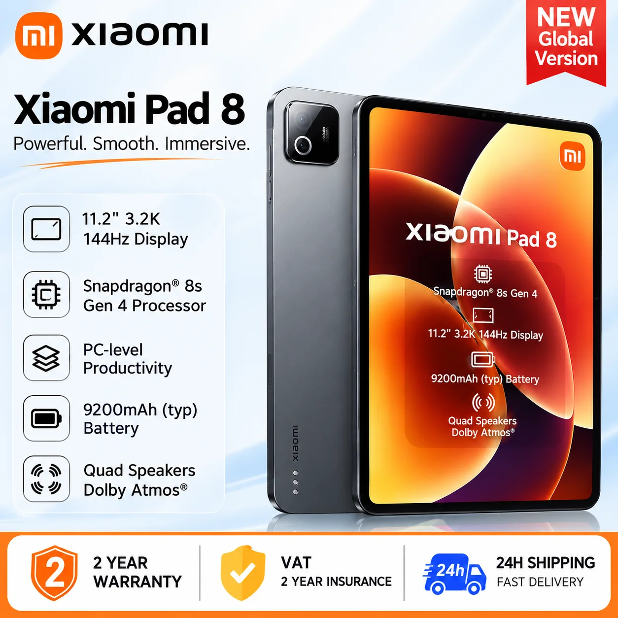 Xiaomi Pad 8 Versión Global Original, Snapdragon 8s Gen 4, Tablet PC con IA, Pantalla de 11.2'' 3.2K 144Hz, Batería de 9200mAh, HyperOS