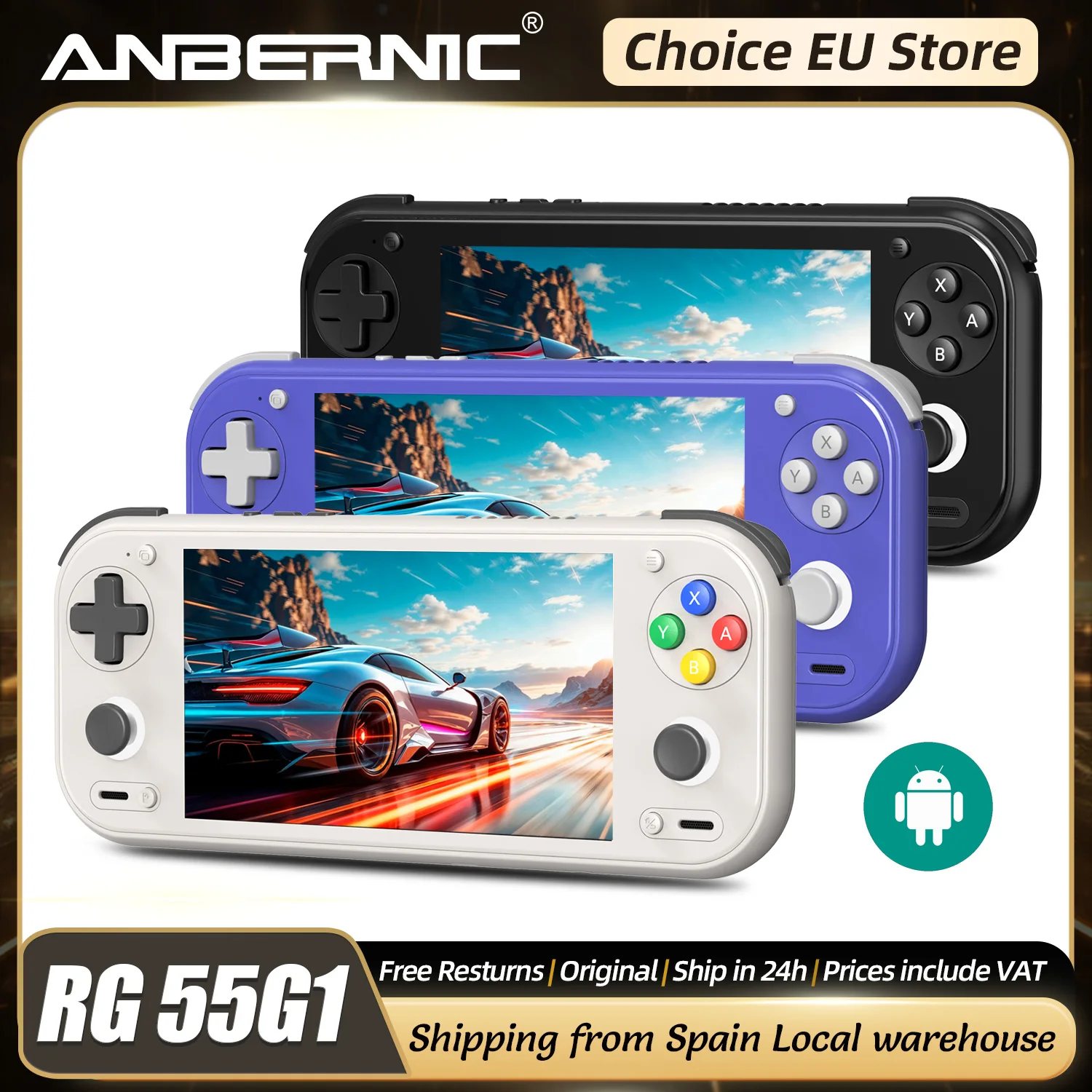 Consola de Juegos Retro Portátil Anbernic RG 55G1 Android 14 RG55G1 con Pantalla Táctil IPS de 5.5 Pulgadas, Joystick Hall 3D, Iluminación RGB