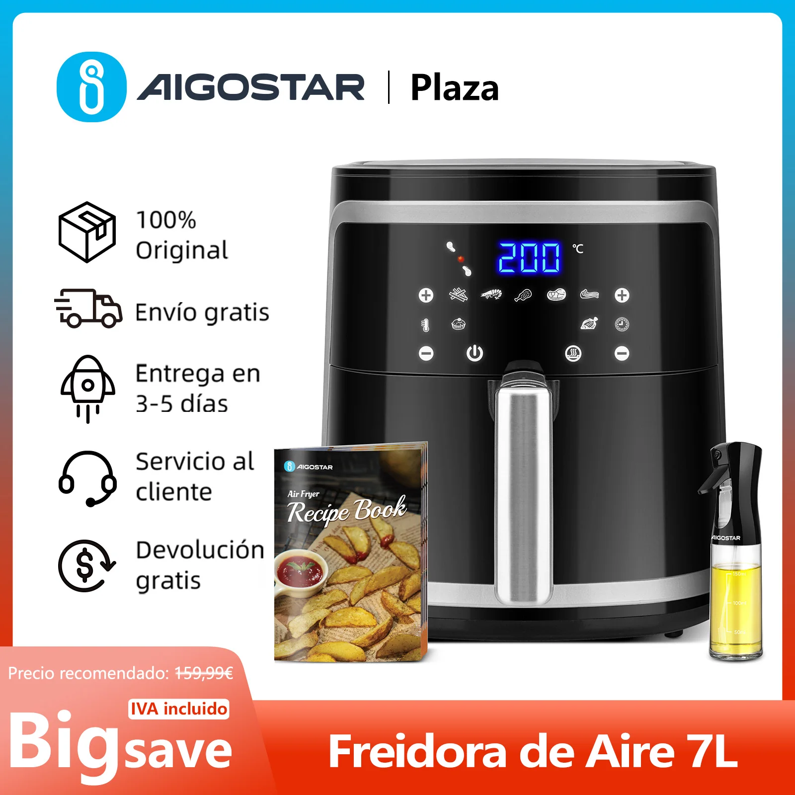 Freidora de aire sin aceite de 7 L