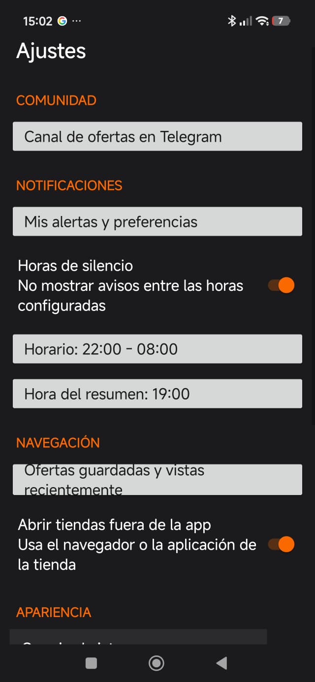 Pantalla de ajustes de CholloMi
